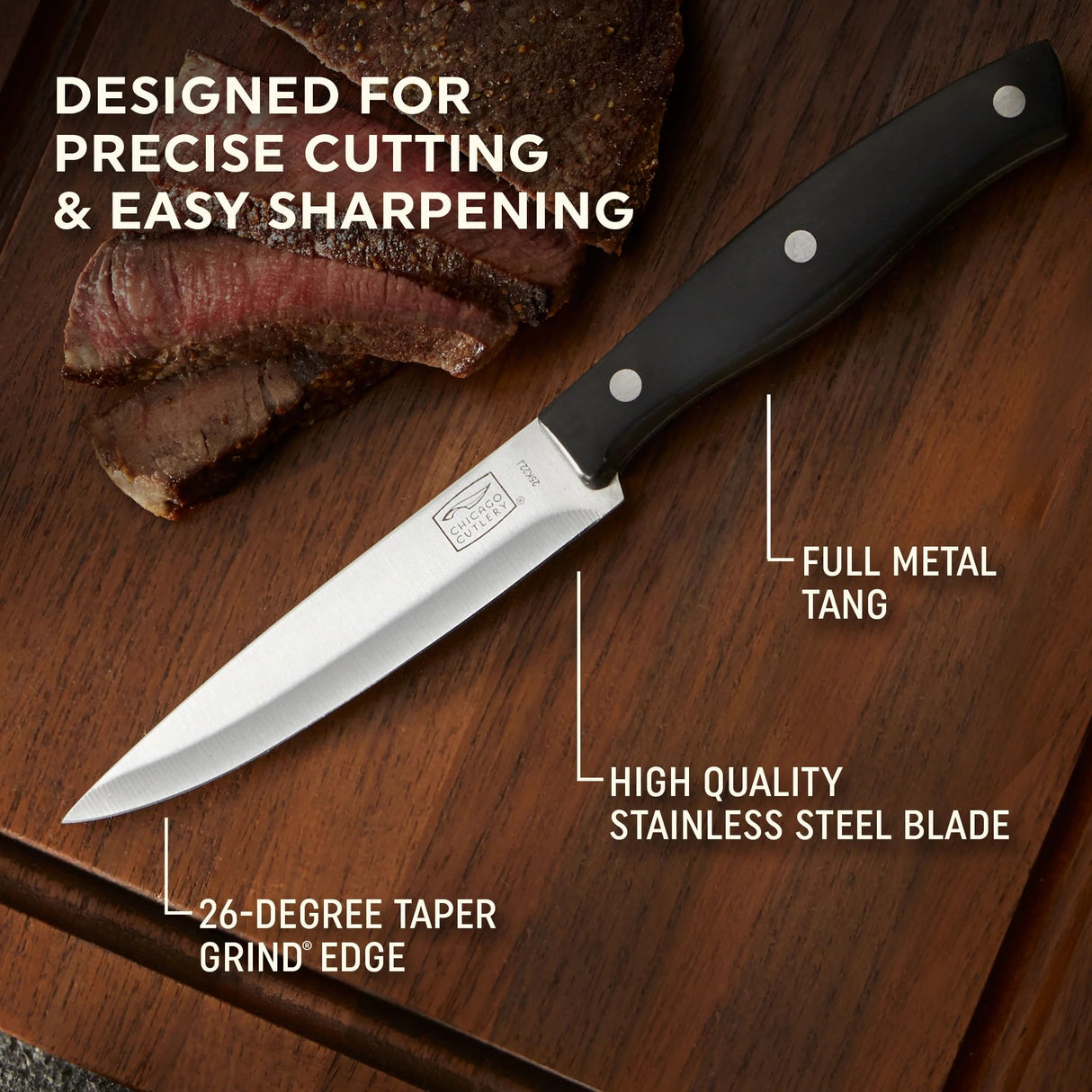 Ellsworth Steak Knife with text designed for precise cutting & easy sharpening