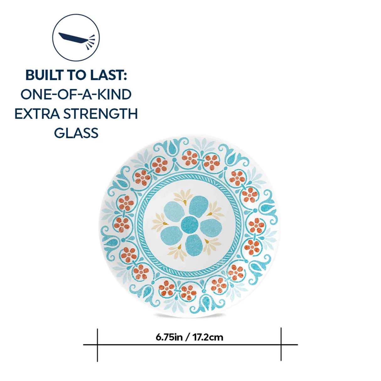Terracotta Dreams 6.75” Appetizer Plate with text:built to last one-of-a-kind extra strength glass