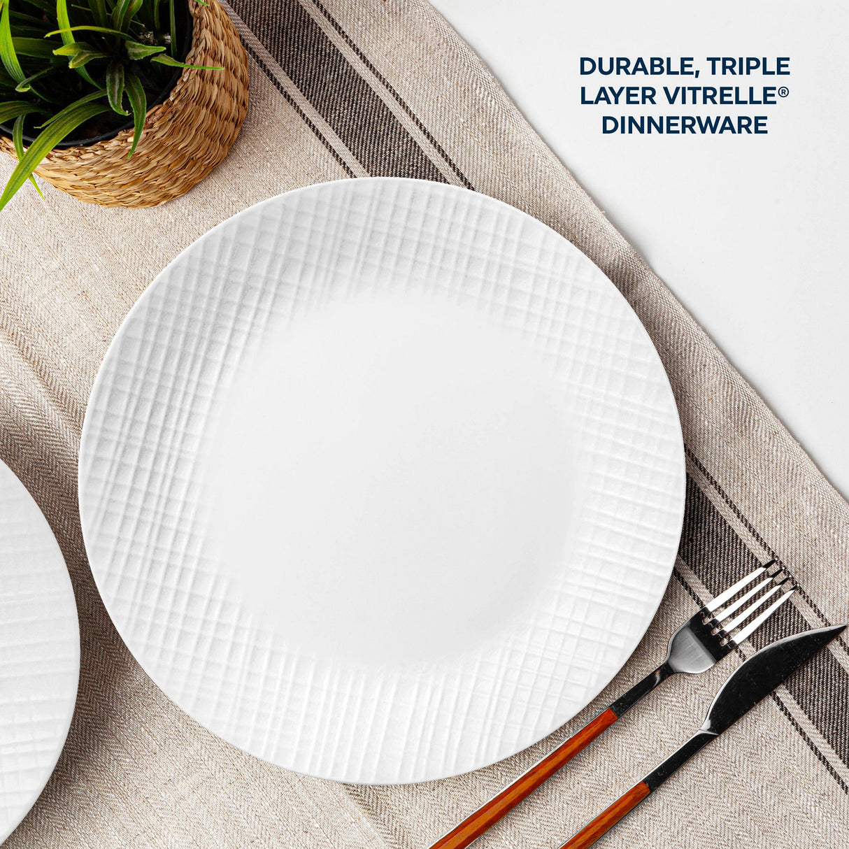 Linen Weave dinnerplaate with text durable, triple layer vitrelle dinnerware
