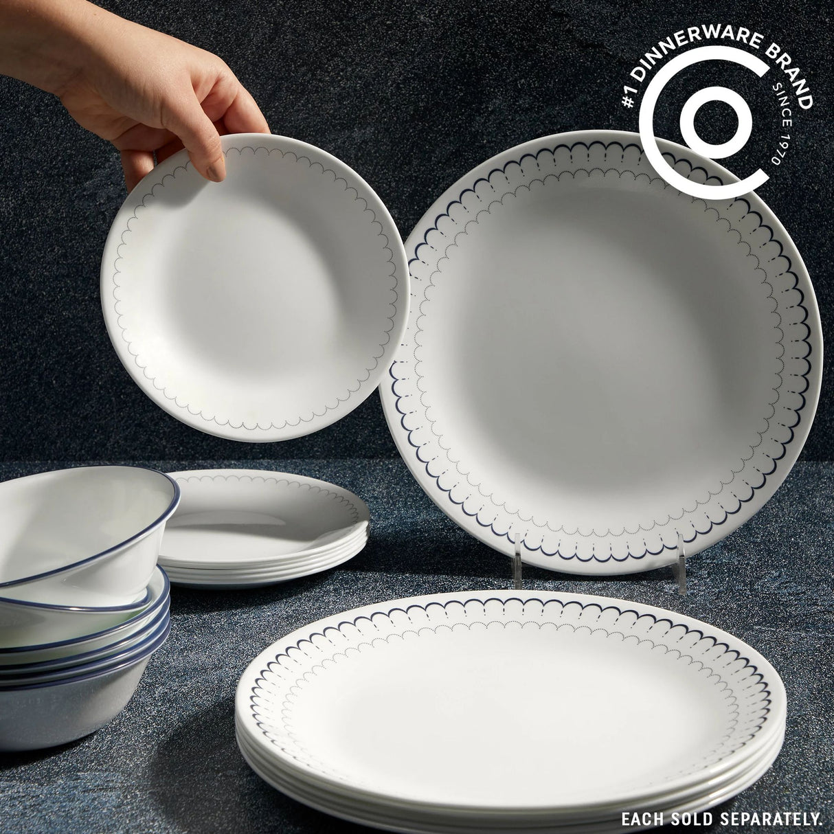 Caspian Lace dinnerware on tabletop with text #1 dinnerware brand