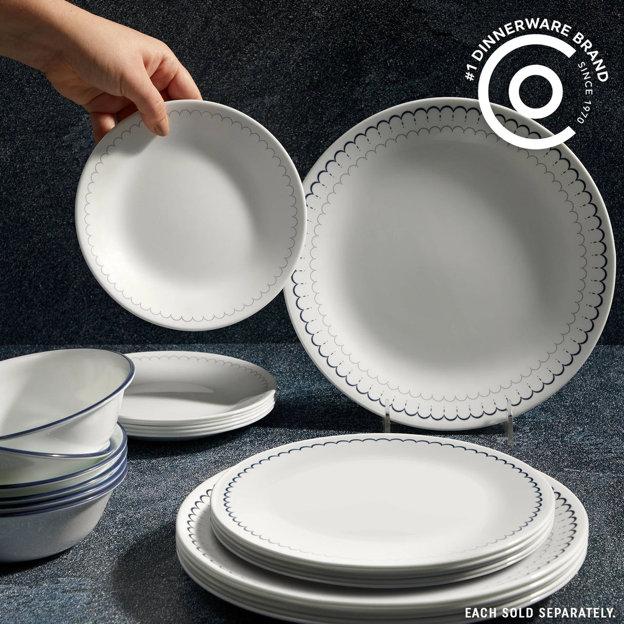 Caspian Lace dinnerware on tabletop with text #1 dinnerware brand