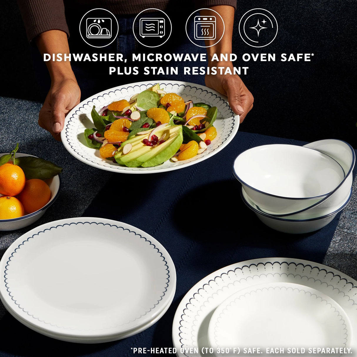 Caspian Lace dinnerware on tabletop with text dishwasher, microwave and oven safe plus stain resistant