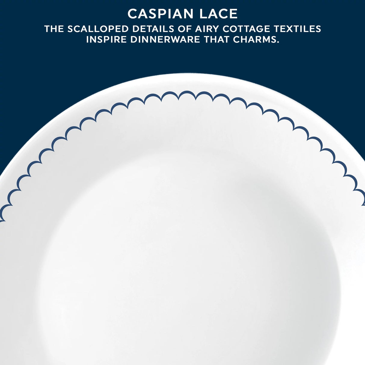 Caspian Lace Dinner Plate with text the scalloped details of airy cottage textiles inspire dinnerware that charms