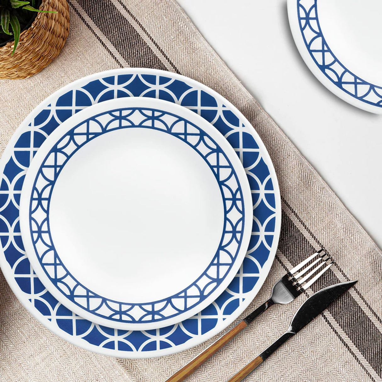 Cobalt Cirles Dinner & Appetizer Plates on table with text durable, triple, layer vitrelle dinnerware