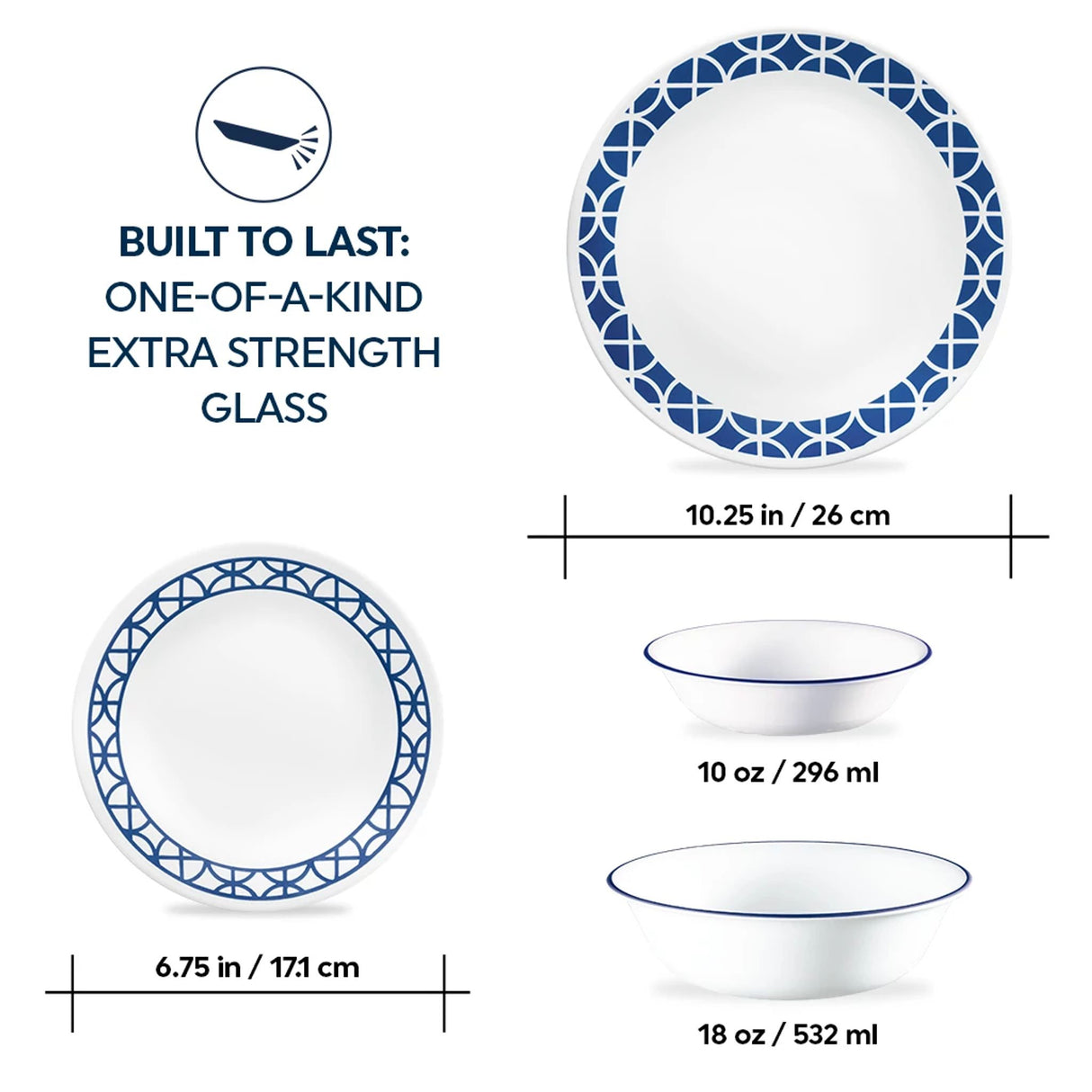 Cobalt circle dinner, appetizer plates & bowls with text that says built to last one of a kind extra strength