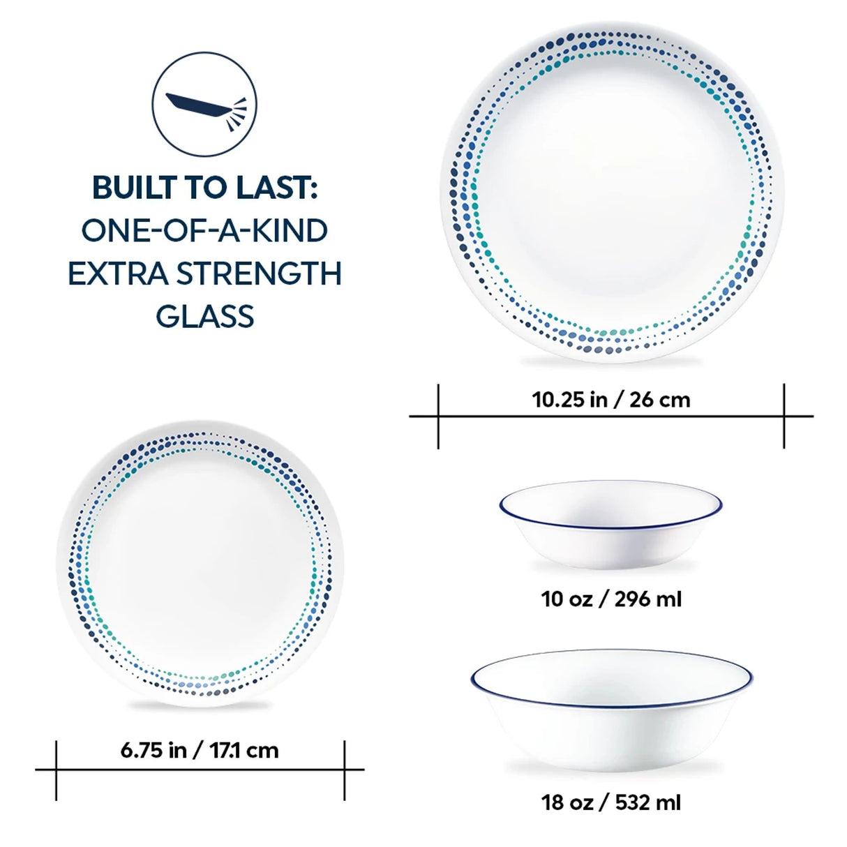 Dinner & Appetizer Plate & 18 & 20-oz bowls with text built to last one-of-a-kind extra extra strength glass
