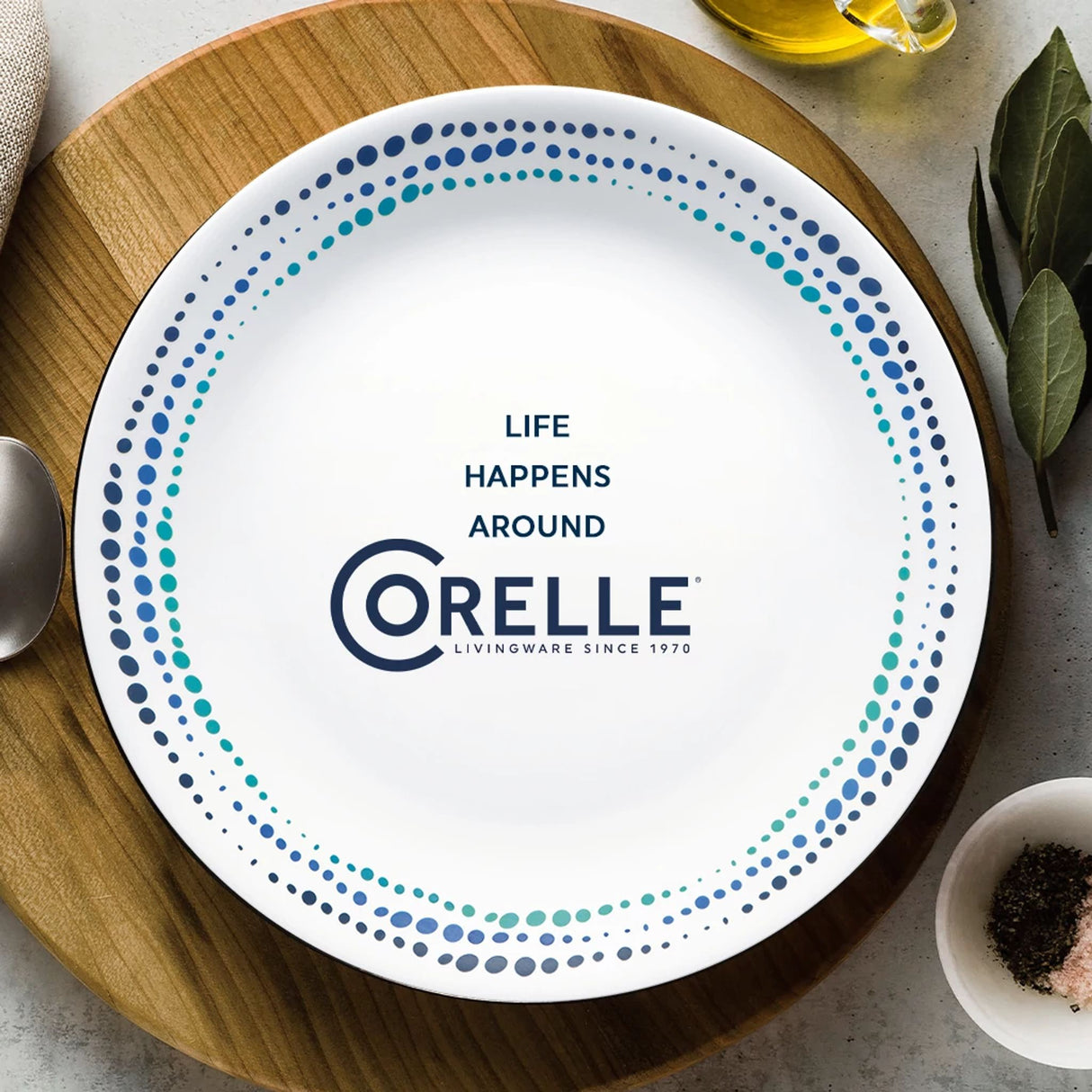 Ocean Blue dinnerplate with text life happens around Corelle
