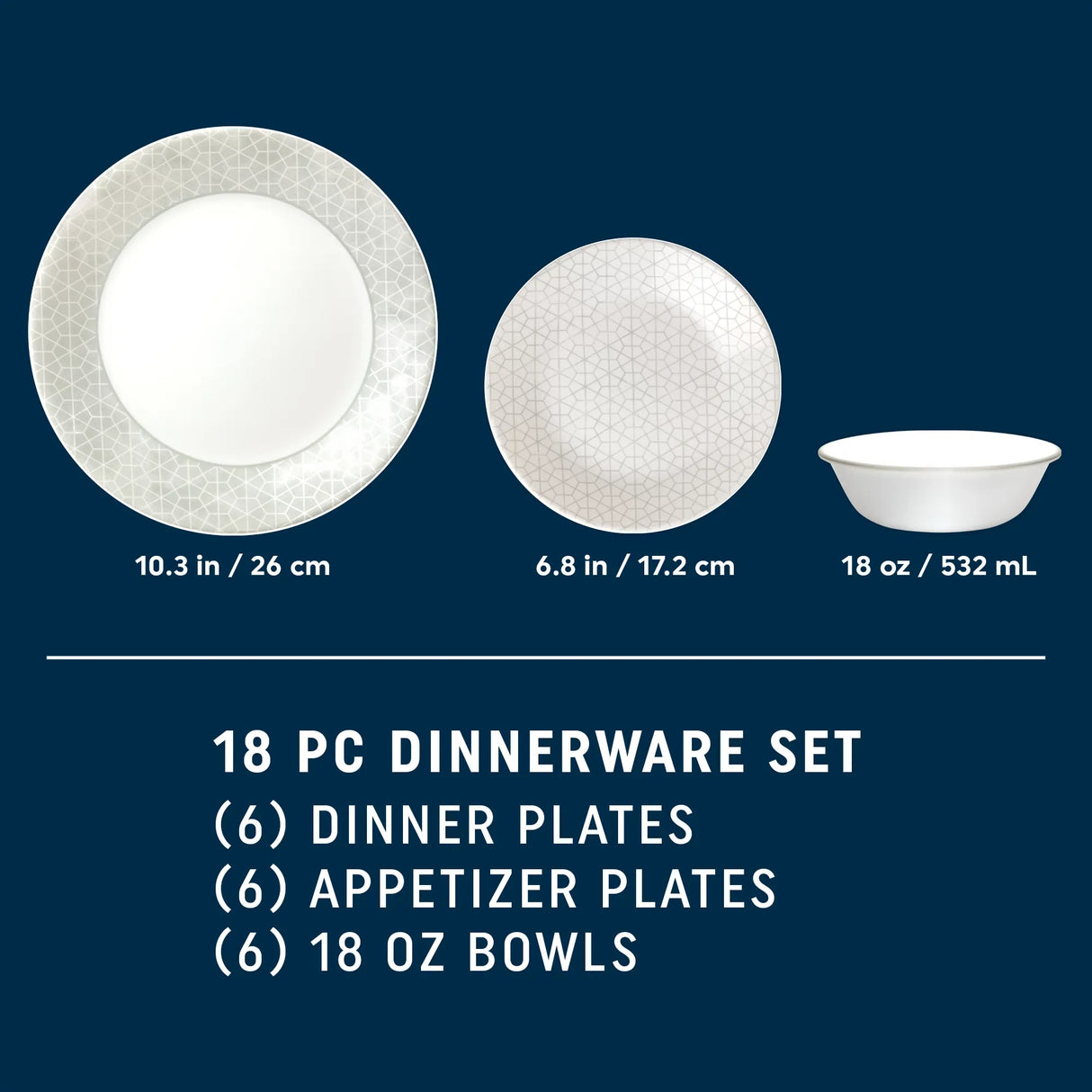 Knox dinner & appetizer plate & cereal bowl with dimensions for each