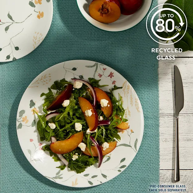 Wildflower Scatter dinner & salad plate & cereal bowl with text up to 80% recycled glass