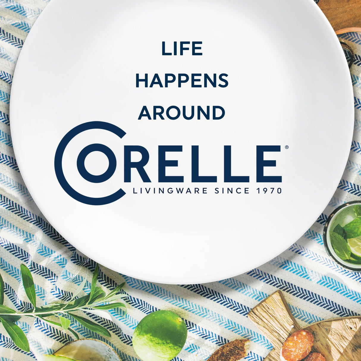 Text that says: Life happens around Corelle, Livingware since 1970
