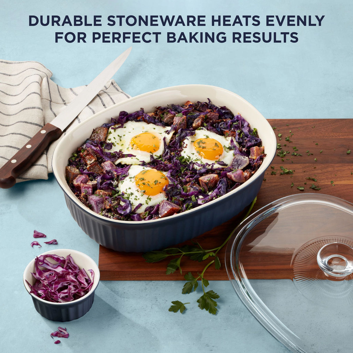 French Colors 2.5-qt Oval Navy Bakeware & Ramekin with food and text on photo durable stoneware heats evenly for perfect baking