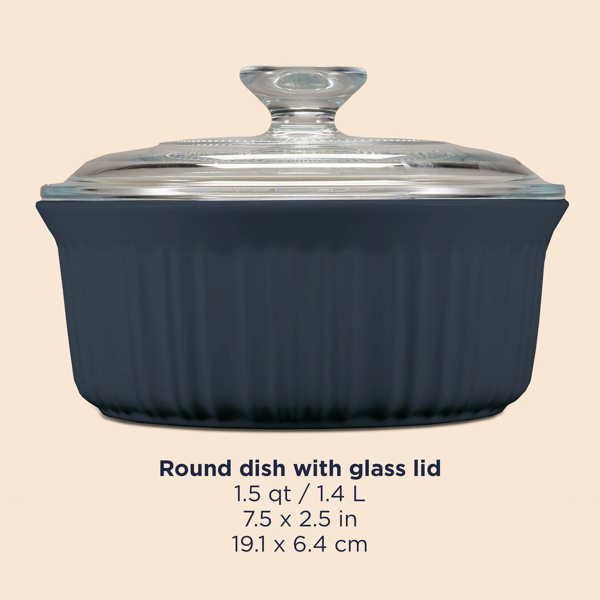 French Colors Navy 1.5-qt Round Baking Dish with dimensions on photo