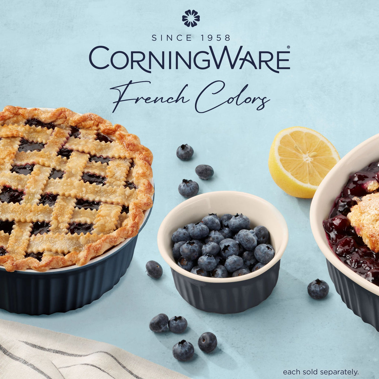 French Colors Navy 1.5-qt Round Baking Dish with food inside and text CorningWare French Colors