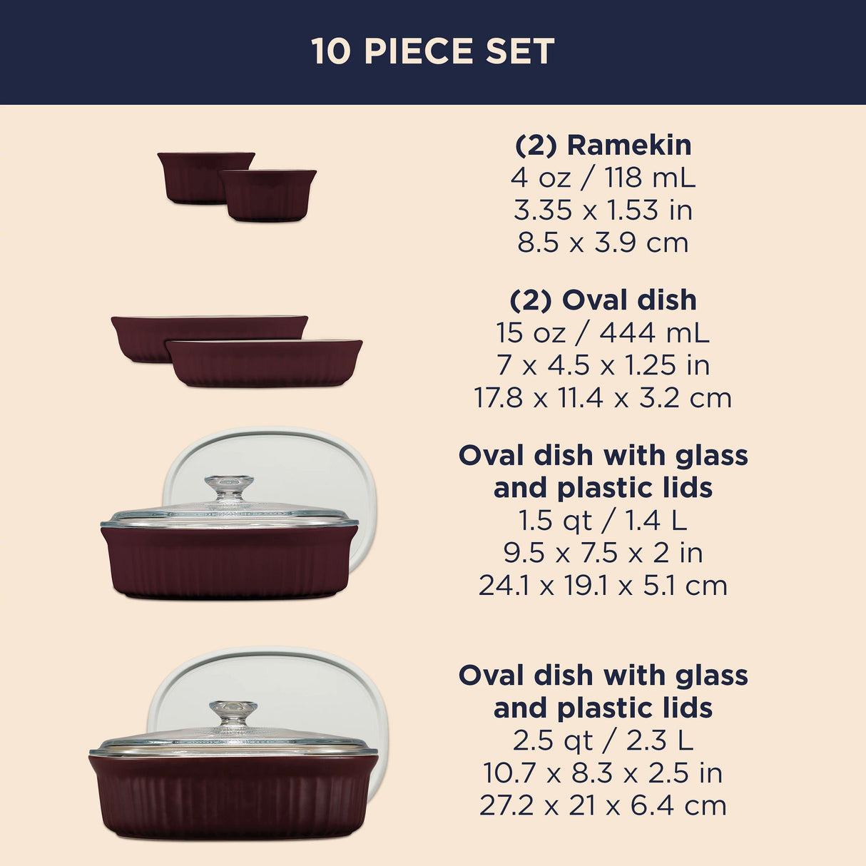 French Colors 10-pc Bakeware Set, Cabernet shown with dimensions on each piece
