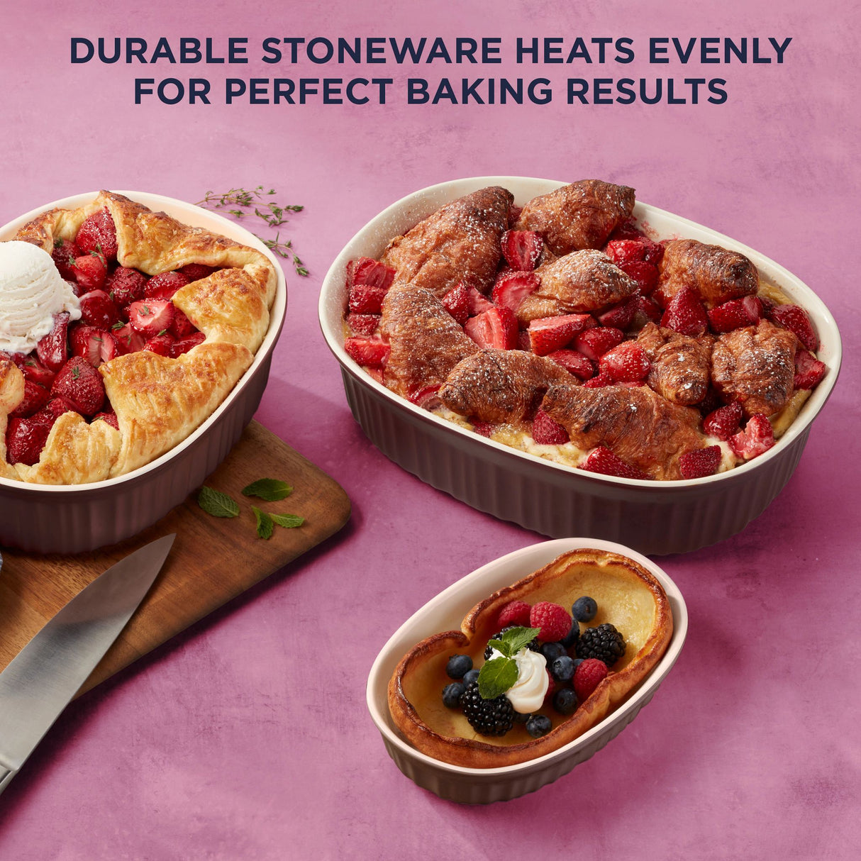 French Colors Oval Bakeware, Cabernet - food inside and text on photo durable stoneware heats evenly for perfectd baking results