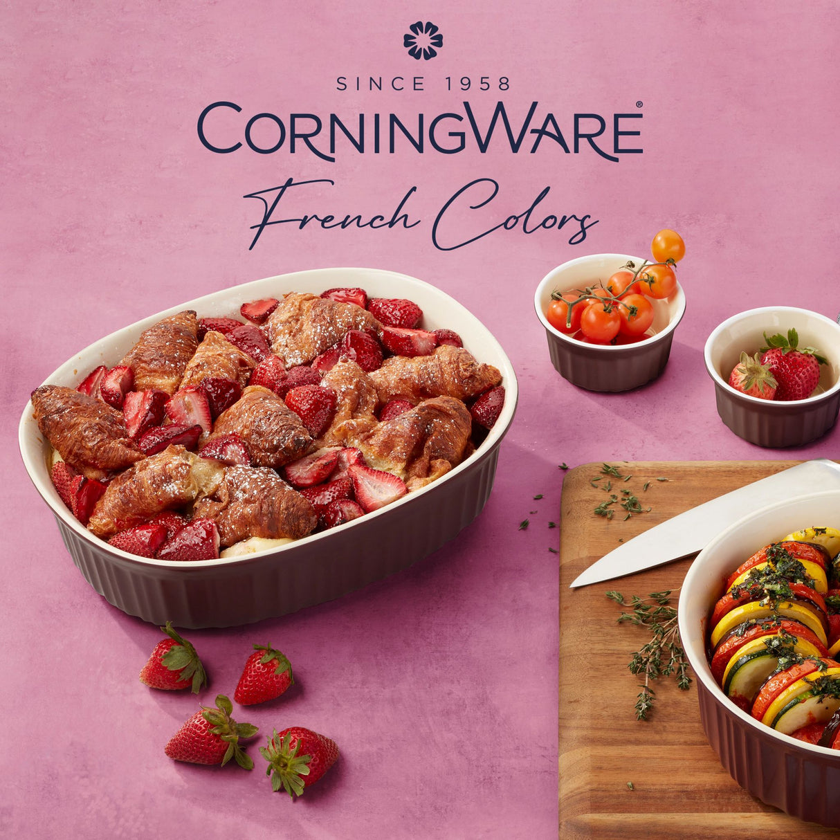 French Colors Bakeware, Cabernet with food inside and text on photo CorningWare French Colors