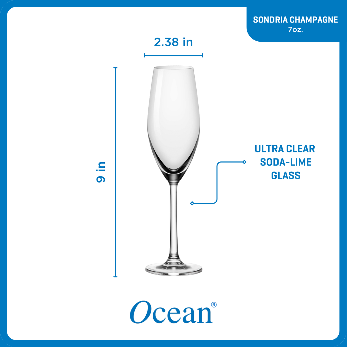 Ocean Glass Sondria Champagne Flute Glasses (4-pieces), 7.25-ounce, Dishwasher Safe