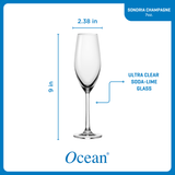 Ocean Glass Sondria Champagne Flute Glasses (4-pieces), 7.25-ounce, Dishwasher Safe