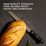 Essentials 8" Serrated Bread Knife with bread and text high quality steel blades resist stains and corrosion