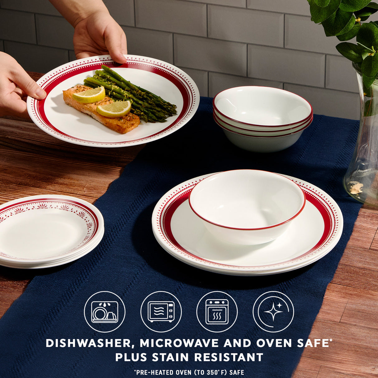 text dishwasher, microwave & oven safe plus stain resistant