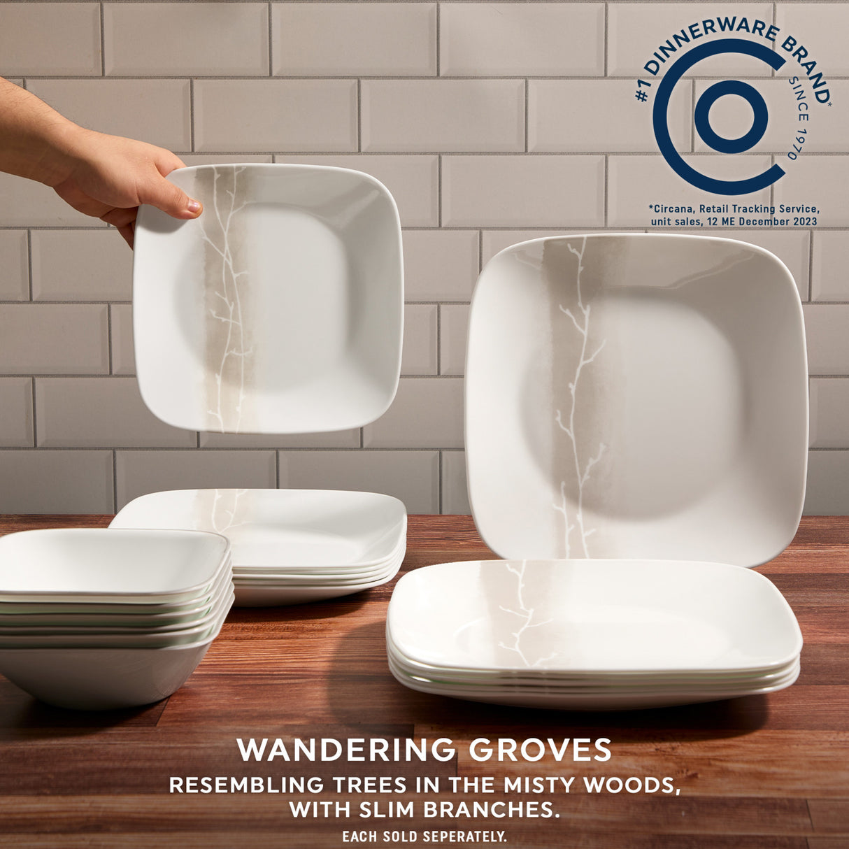 Corelle #1 Dinnerware brand, text Wandering Grove resembling trees in the misty woods with slim branches