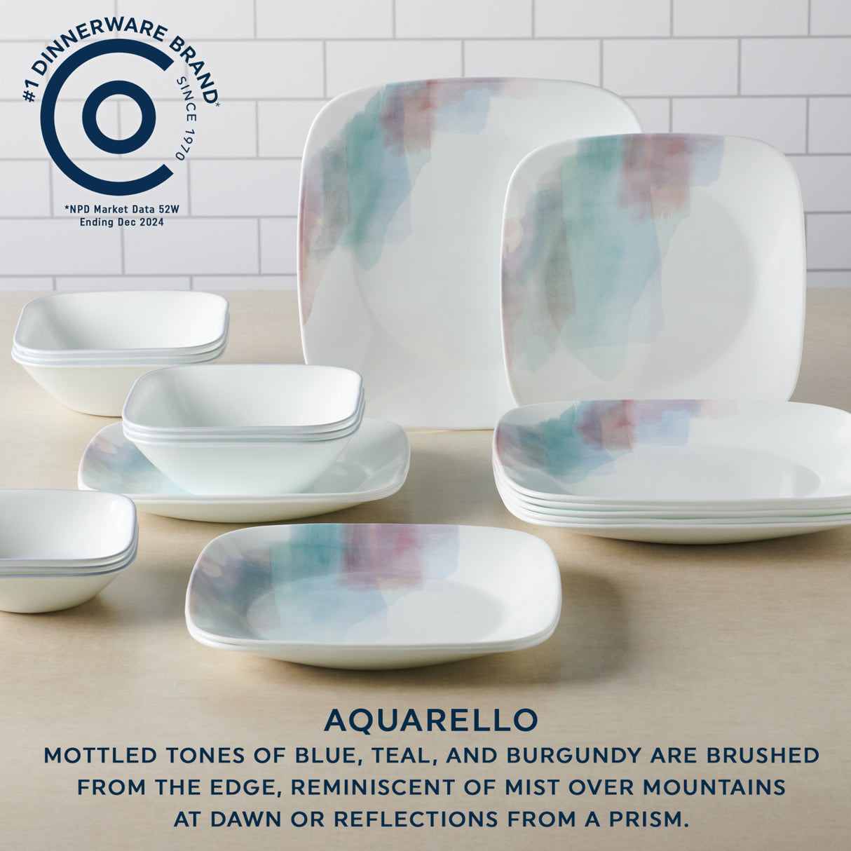 Aquarello 16pc Dinnerware Set with text #1 Corelle Dinnerware Brand, Aquarello mottled tones of blue,  teal and burgundy are brushed from the edge, reminiscent of mist oven mountains at dawn or reflections from a prism.