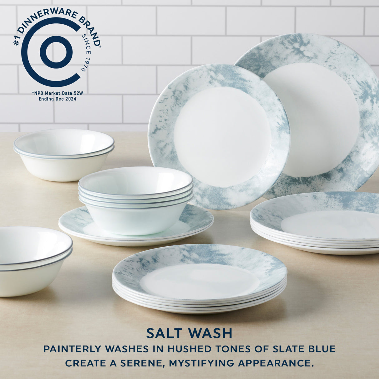  Salt Wash 12-piece Dinnerware Set with text #1 dinnerware brand; Salt Wash painterly washes in Hushed Tones of slate blue create a serene, mystifying appearance.