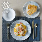 Salt Wash dinnerplate, salad plate and cereal bowl with text up to 80% recycled glass