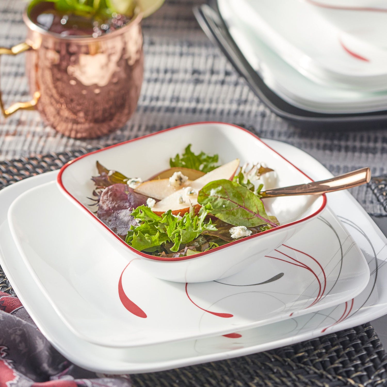  Splendor Square Dinnerplate, Salad Plate & bowl on the table with salad in the bowl