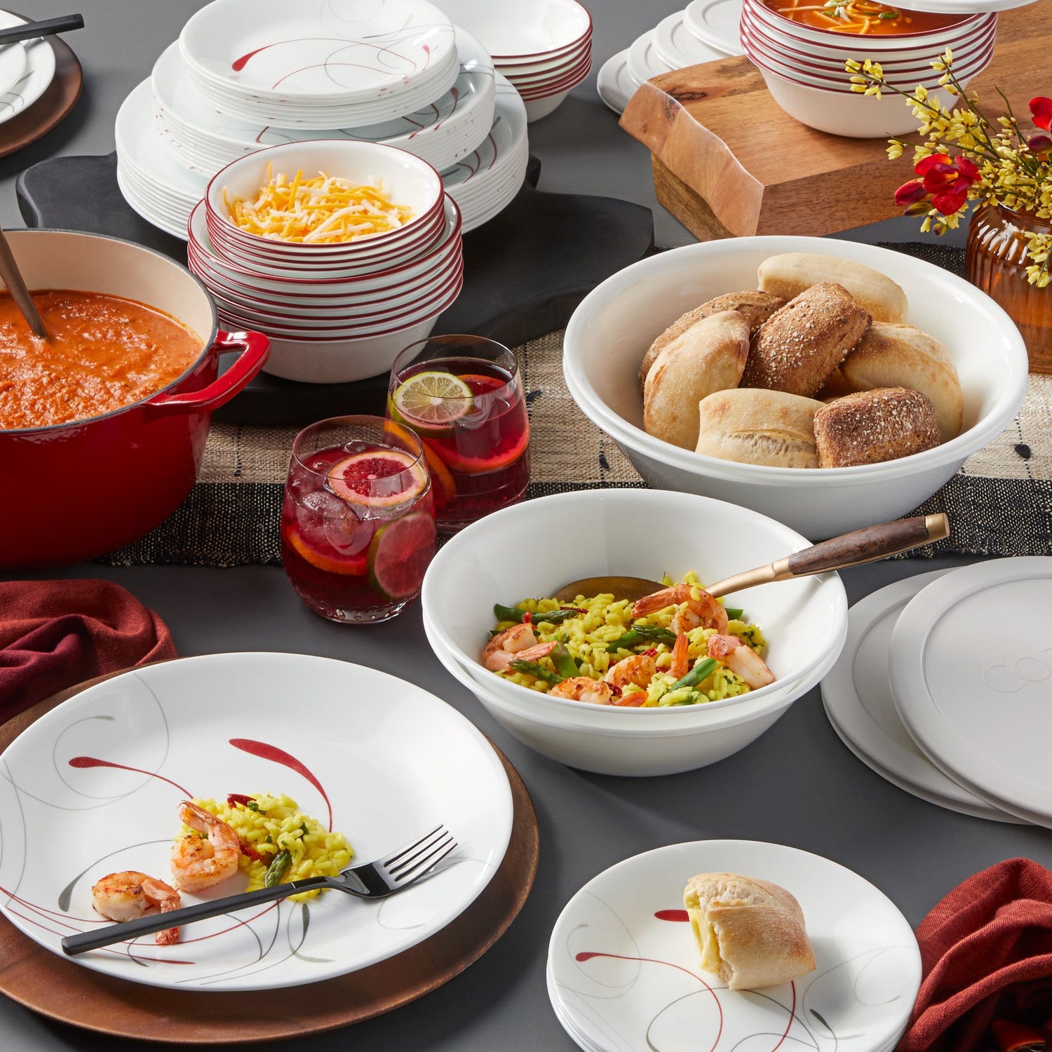  Splendor 78-pc Dinnerware Set stacked on table on the table with food