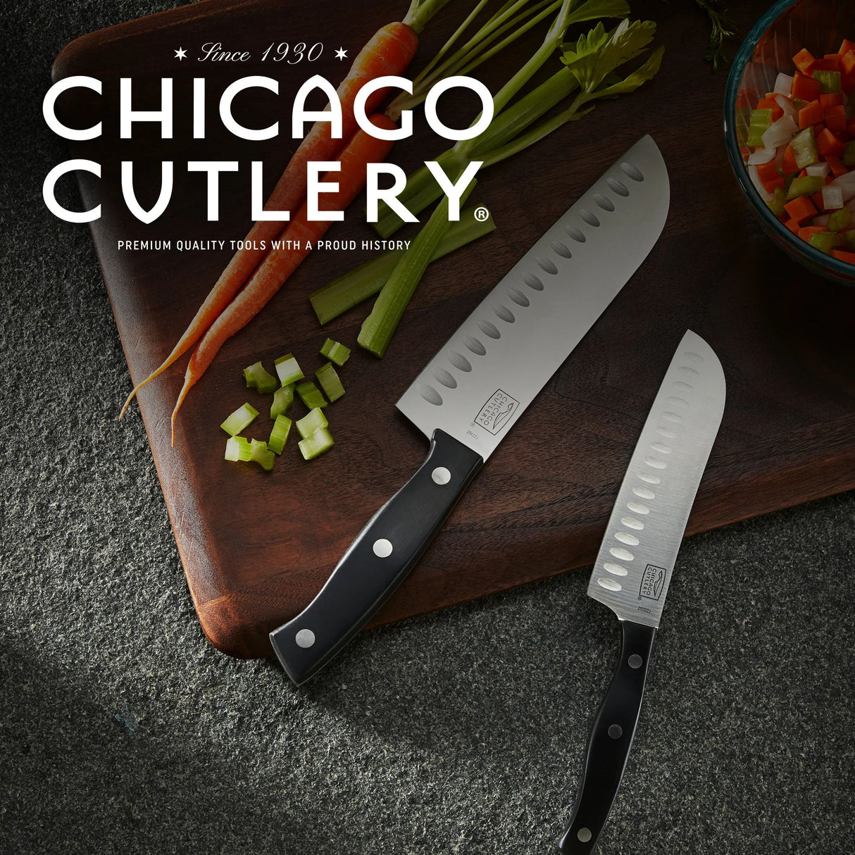  Ellsworth 2-pc Santoku Knife set on cutting board with carrots and celery