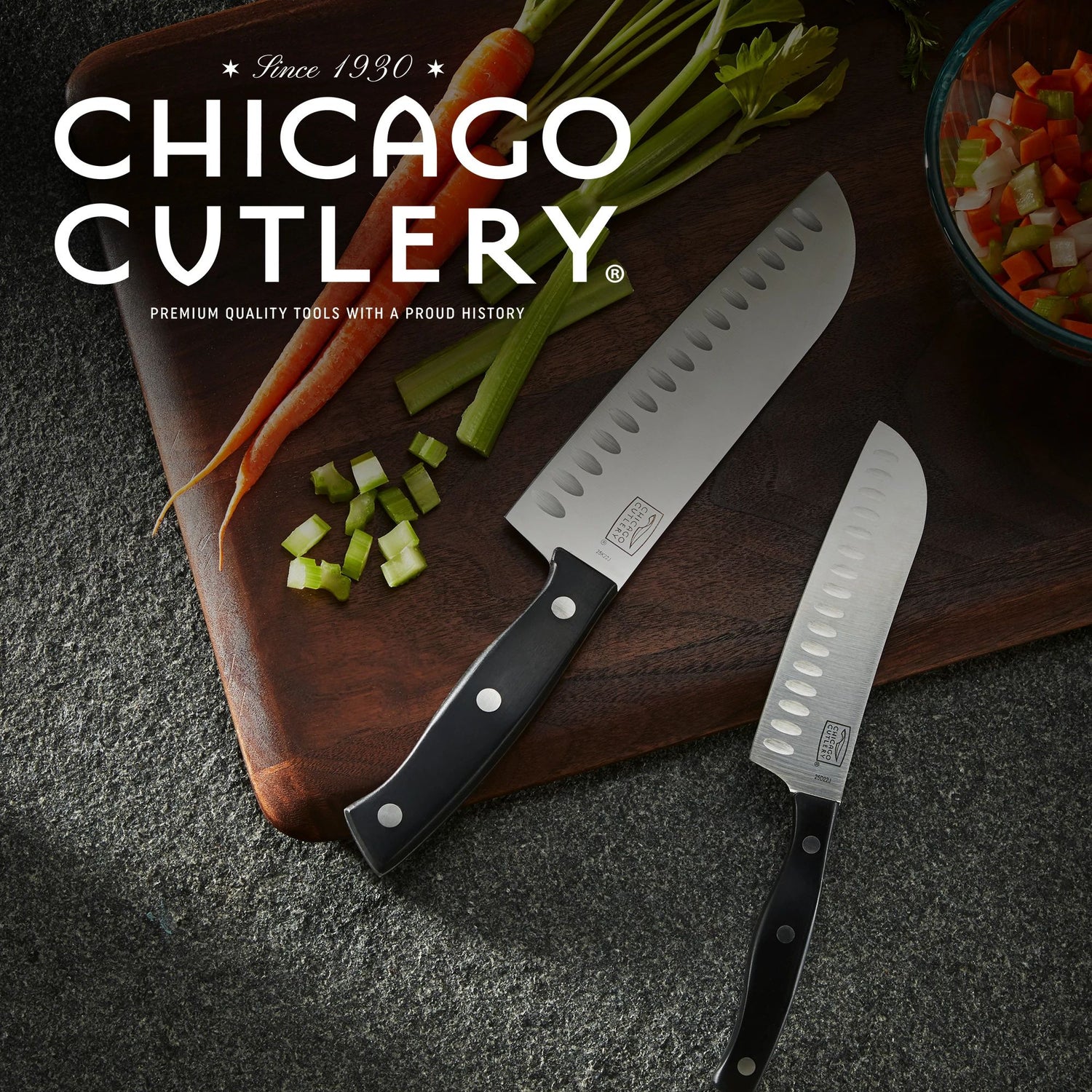  Ellsworth 2-pc Santoku Knife set on cutting board with carrots and celery