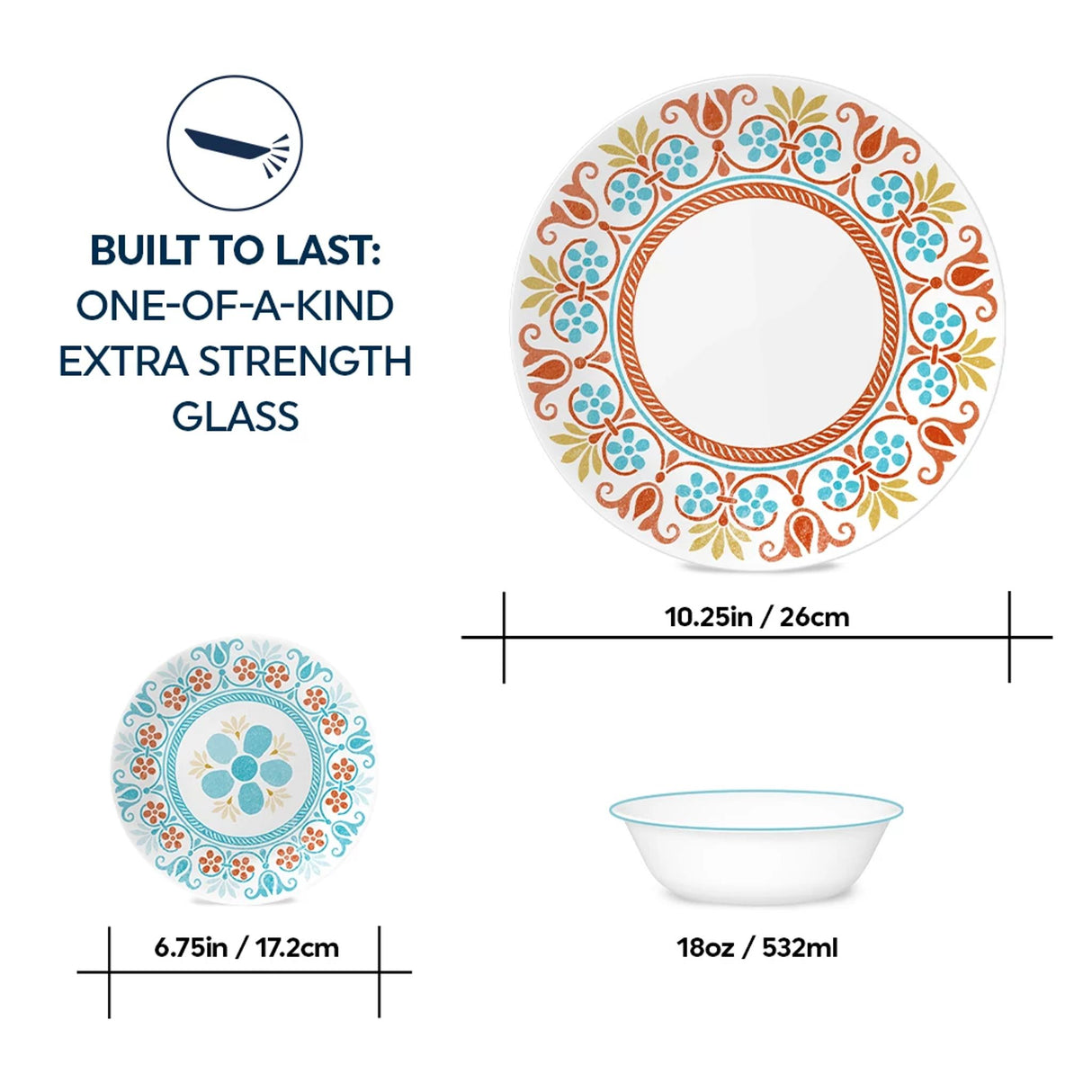  Terracotta Dreams Dinnerplate &amp; salad plate on the table with text: built to last one of a kind extra strength glass