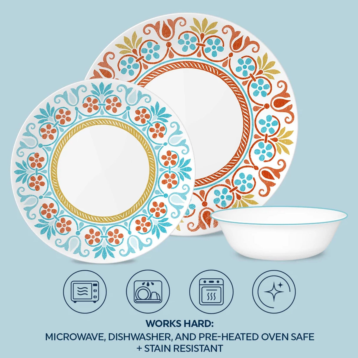  Terracotta Dreams dinnerset pieces on table with text: works hard microwave,dishwasher &amp; preheated ovensafe &amp; stain resistant