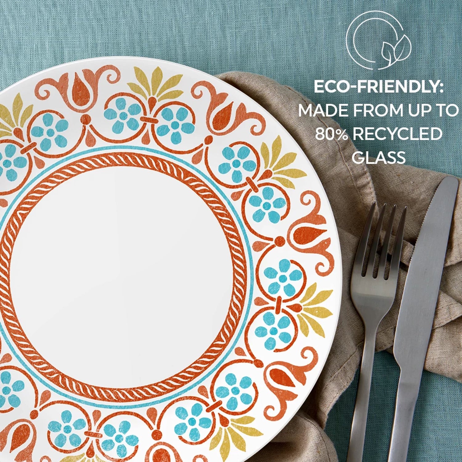  Terracotta Dreams Dinnerplate & salad plate on the table with text: eco-friendly made from 80% recycled glass