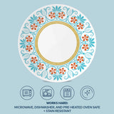  Terracotta Dreams 8.5" Salad Plate with text works hard microwave, dishwasher &amp; preheated ovensafe &amp; stain resistant
