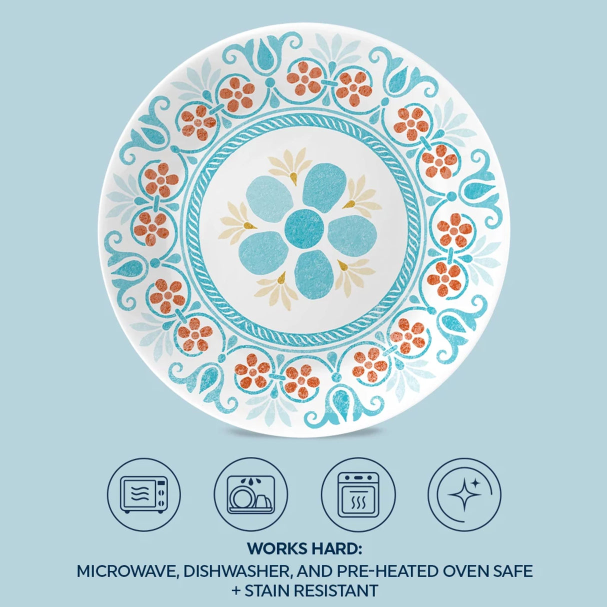  Terracotta Dreams 6.75” Appetizer Plate with text works hard microwave, dishwasher &amp; preheated ovensafe &amp; stain resistant