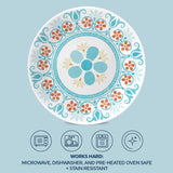  Terracotta Dreams 6.75” Appetizer Plate with text works hard microwave, dishwasher &amp; preheated ovensafe &amp; stain resistant