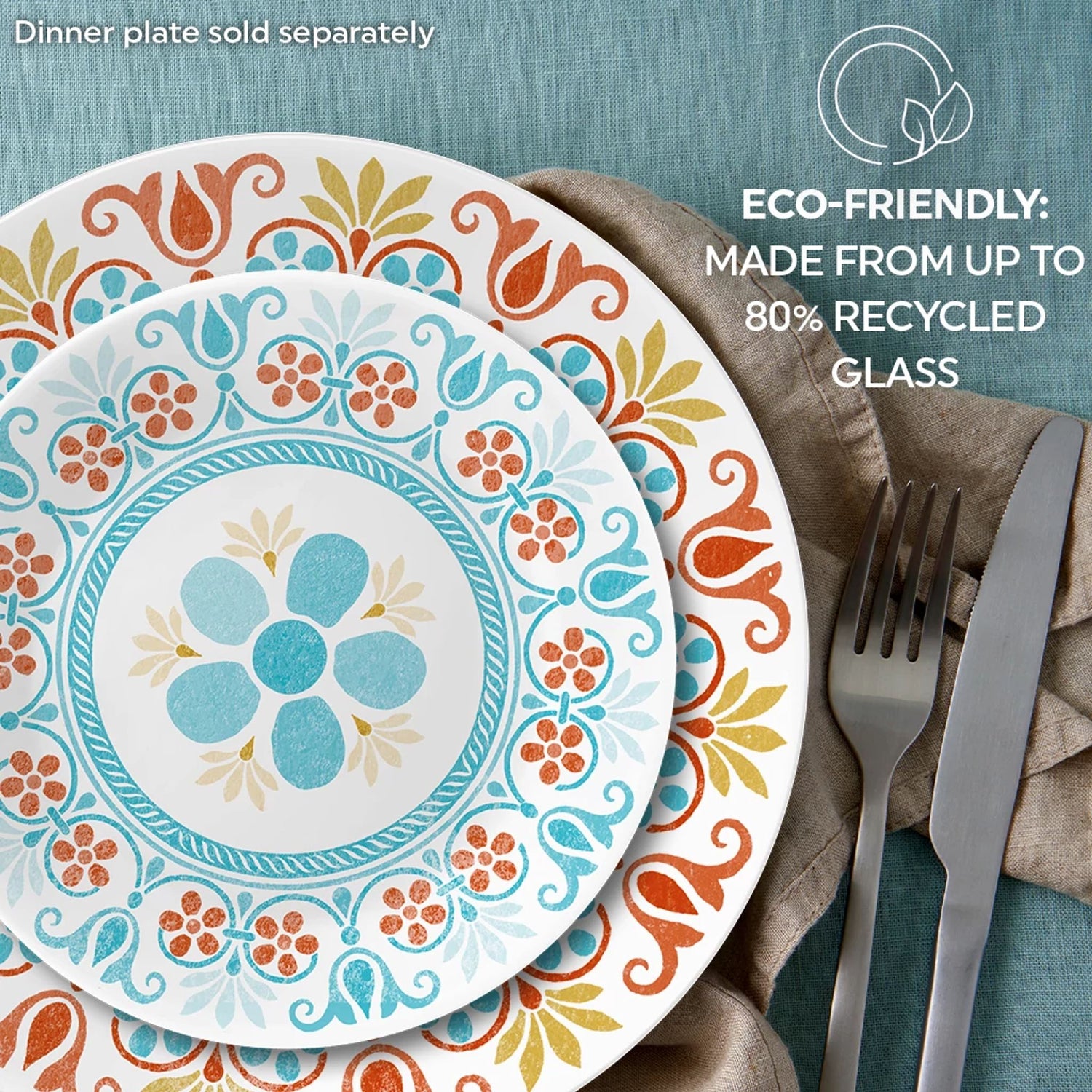  Terracotta Dreams 6.75” Appetizer Plate with text eco-friendly made from up to 80% recycled glass