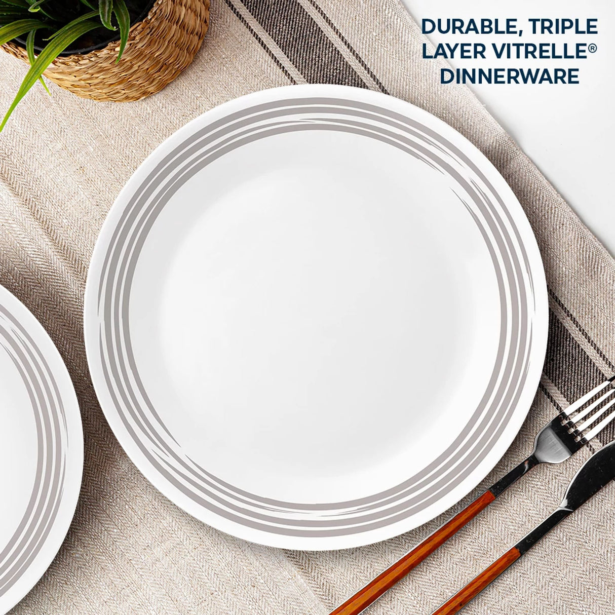  Brushed Silver Dinner Plate with text durable, triple, layer-vitrelle dinnerware