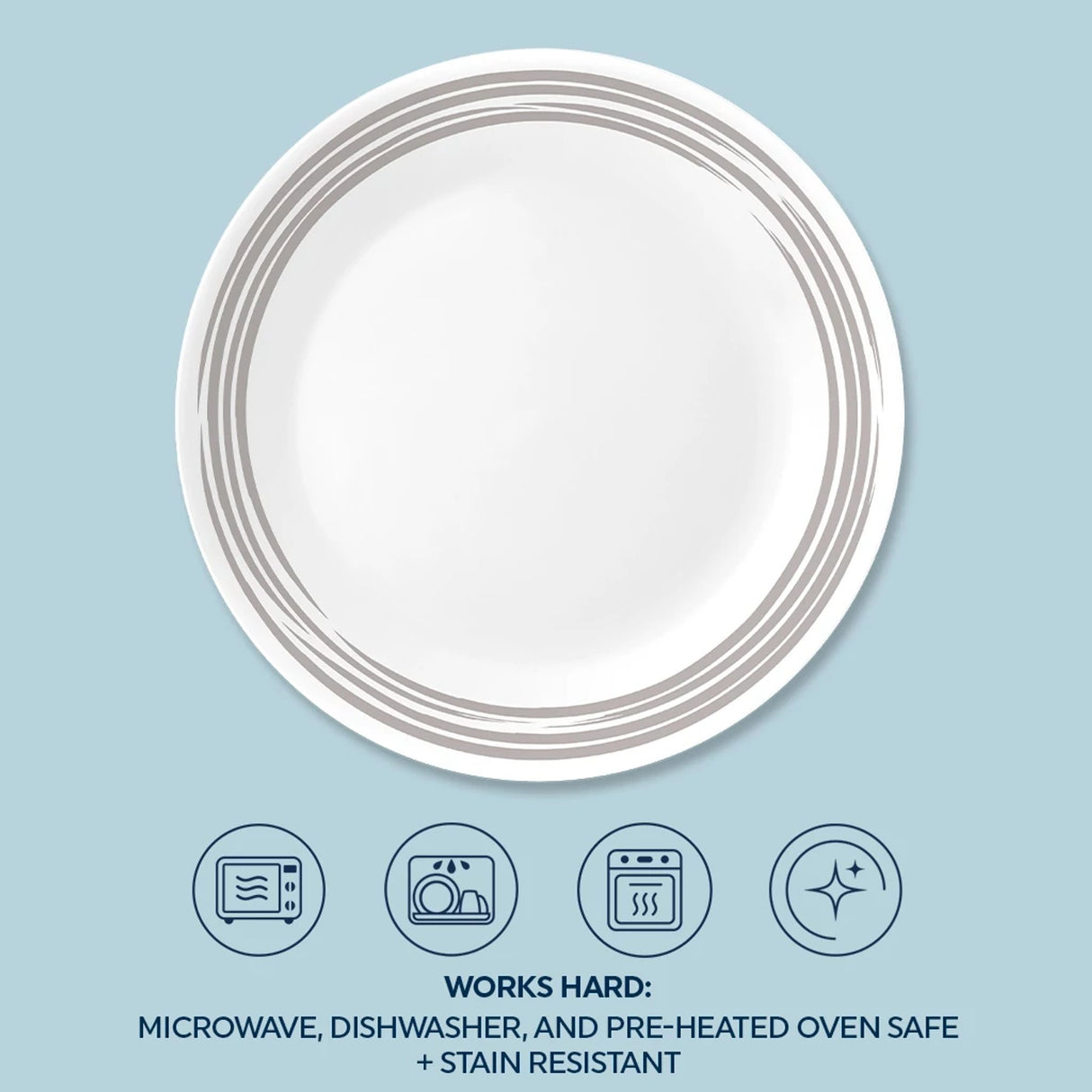  brushed silver salad plate with text that says works hard microwave, dishwahser &amp; preheated ovensafe &amp; stain resistant