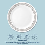  brushed silver salad plate with text that says works hard microwave, dishwahser &amp; preheated ovensafe &amp; stain resistant