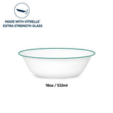  Solar Print 18-ounce white cereal bowl with green rim; text that says made with vitrelle extra strength glass