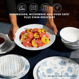  Botanical Stripes Dinnerware on tabletop with text dishwasher, microwave, and oven safe plus stain resistant