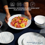  Botanical Stripes Dinnerware on tabletop with text dishwasher, microwave, and oven safe plus stain resistant