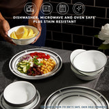  Brasserie dinnerware set on table with text dishwasher, microwave &amp; ovensafe plus stain resistant