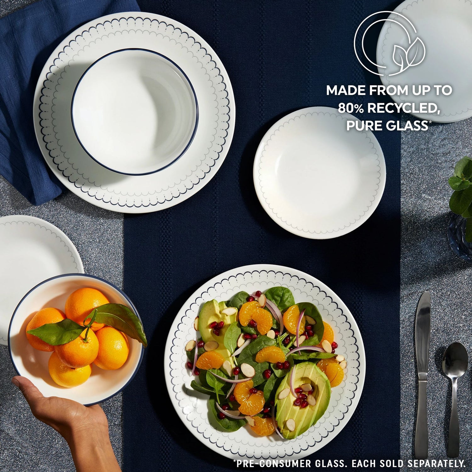  Caspian Lace dinnerware set with text made from up to 80% recycled pure glass 
