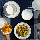  Caspian Lace Dinnerware on tabletop with text made from up to 80% recycled pure glass