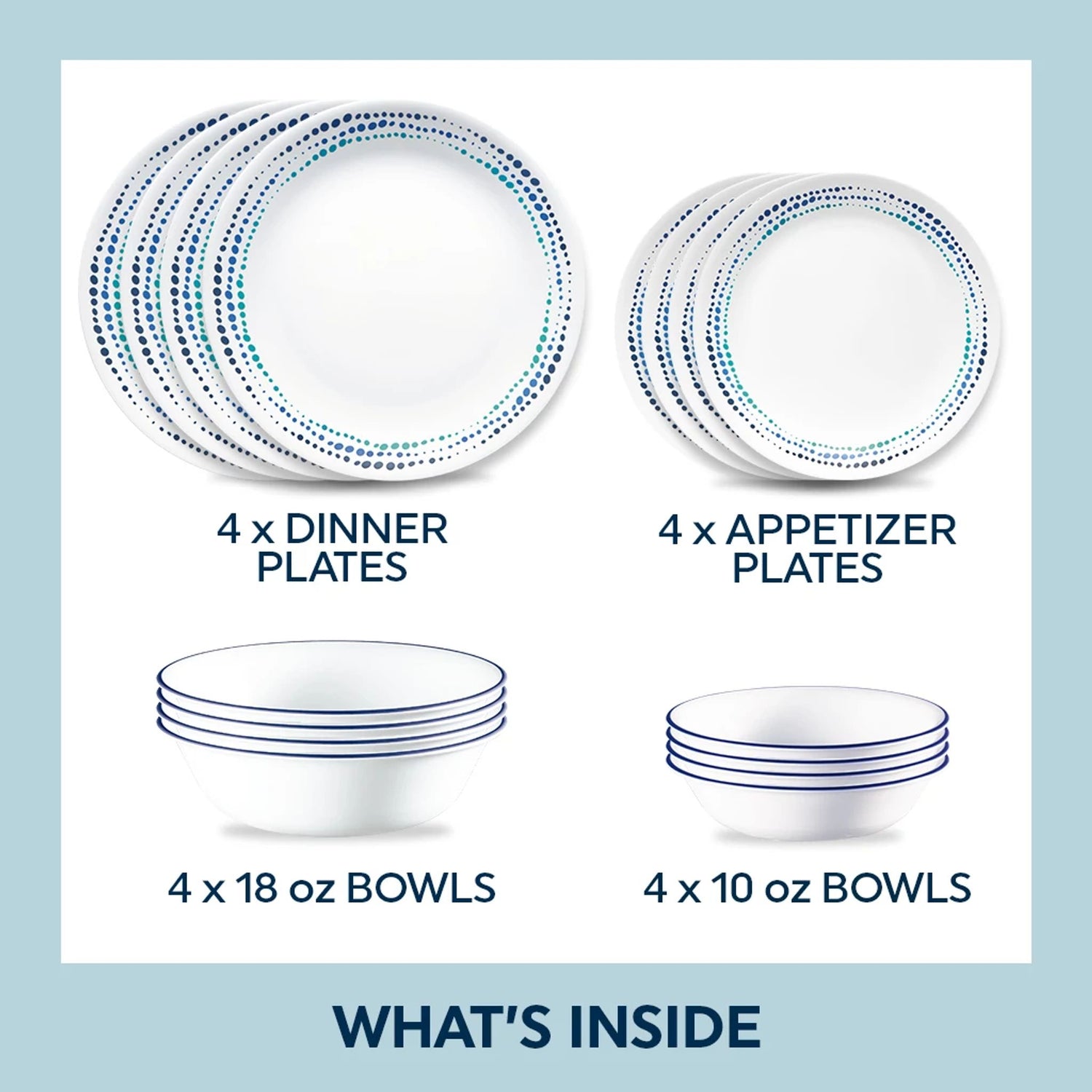  Pictre of 4 each: dinner & appetizer plates & 18-oz & 10-oz bowls