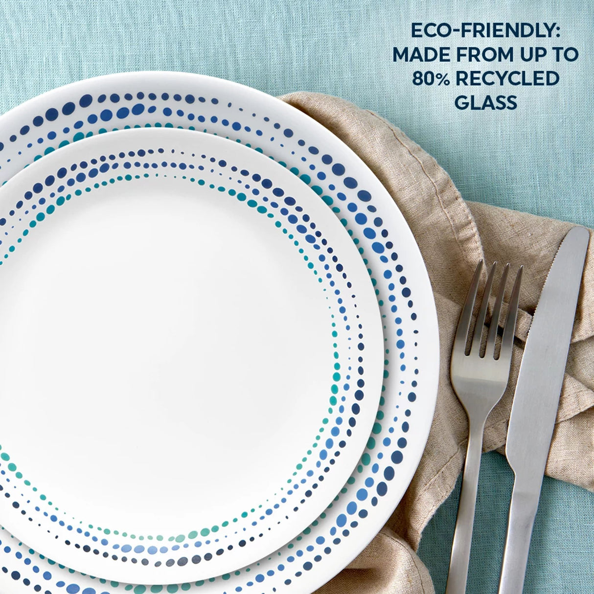  Ocean &amp; Appetizer Plate on the table with text eco-friendly made from up to 80% recycled glass